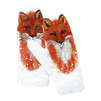 Ženy Zimné Faux Cashmere Plný Prst Rukavice Sladké Farebné Zviera 3D Tlač Zahustiť Teplé Vetru Termálne Rukavice