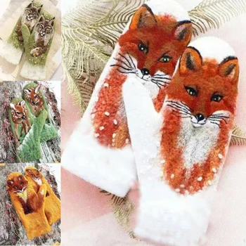 Ženy Zimné Faux Cashmere Plný Prst Rukavice Sladké Farebné Zviera 3D Tlač Zahustiť Teplé Vetru Termálne Rukavice