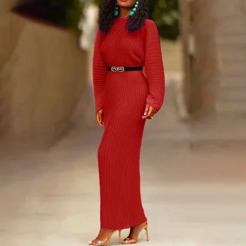 Ženy Červená Pletené Šaty 2020 Jeseň Zima Dlhé Rukávy Pevné Bodycon Sexy Dátum Noci O-Krku Žena High-Štíhly pás Šaty
