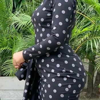 Ženy Čierne Šaty Vytlačené Polka Dot Mimo Jedného Pleca Volánikmi Patchwork Dlhý Rukáv Bodycon Štíhly Elegantný Módny Africkej Ženy
