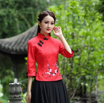Ženy Čínsky Cheongsam Top Blúzky, Bavlna, Vyšívané Slivka 7 Bodov Rukáv Tang 4XL Plus Veľkosť