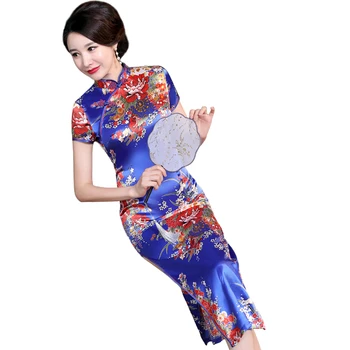Ženy Čínsky Krátky Rukáv Kvetinový Tlač Brocade Cheongsam Banquet Midi Šaty