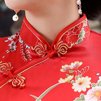 Ženy Čínsky Krátky Rukáv Kvetinový Tlač Brocade Cheongsam Banquet Midi Šaty