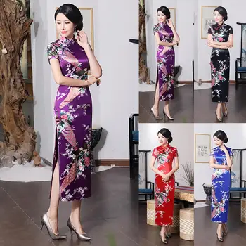 Ženy Čínsky Krátky Rukáv Páva Rezanie Lem Cheongsam Banquet Midi Šaty dámske šaty žena šaty, šaty pre ženy sukne