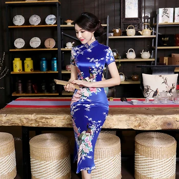 Ženy Čínsky Krátky Rukáv Páva Rezanie Lem Cheongsam Banquet Midi Šaty dámske šaty žena šaty, šaty pre ženy sukne