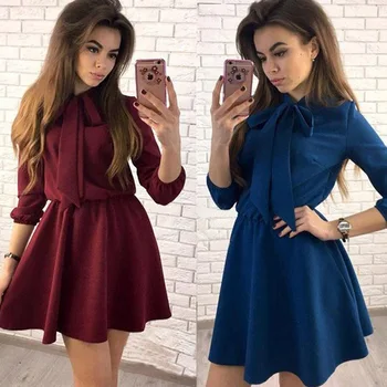 Ženy Šaty Jeseň Roku 2018 Módne Pevné Vintage Elegantný Mini Šaty Jeseň Luk Príčinné Vianočné Party Šaty Plus Veľkosť