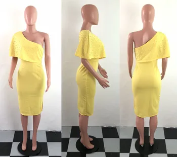 Ženy Žlté Rameno Party Šaty s Perličiek Sexy Tesný Elegantná Žena Elegantný Župan Bodycon Tunika Plus Veľkosť Drop Shipping 2021