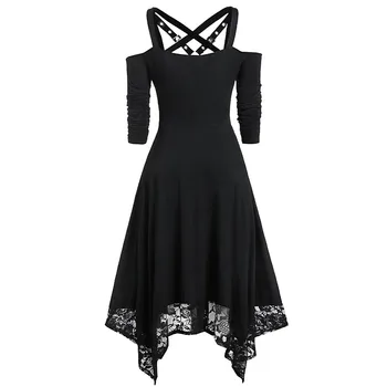 платье 2021 Ženy Halloween Plus Veľkosť Otvorený Ramenný Čipky Polovičný Rukáv Gotický Ženy Oblečenie Žien Šaty Vestido Invierno Mujer