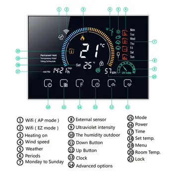 ℃/ ℉ Prepínateľné Wi-Fi Smart Programovateľný Hlasové APLIKÁCIE Ovládanie Podsvietenia LCD Vody/ Plynu Kotol Vykurovacia Thermoregulator