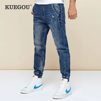 【Kuegou] vyzýva pánske džínsy Jeseň zimné móda slim tmavo modrý lúč nohy nohavice micro elastické jeans KK-2987
